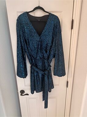 Sequin Wrap Dress - Teal Blue